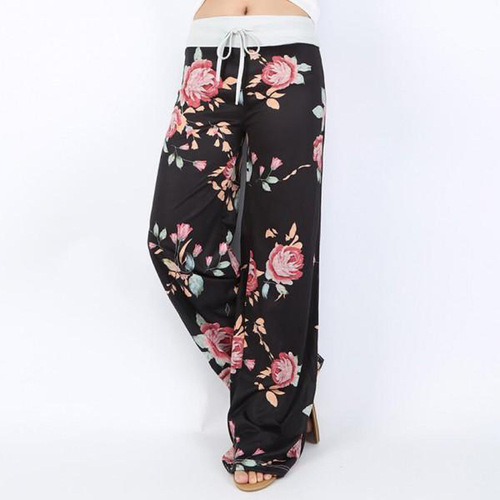 ebayWISH Casual Long Pants Western Fashion Loose Belted Women's Pants Printed Pants High Waisted