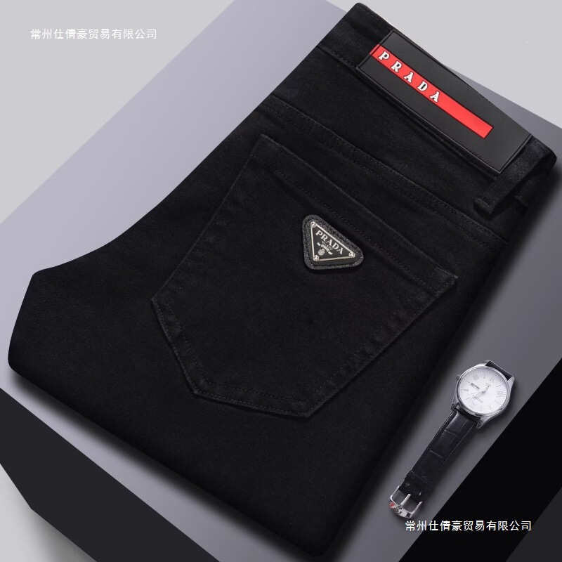 Black High-End European-Style Men's Jeans, Autumn Stretch Slim-Fit Straight-Leg Washed Casual Men's Trousers, Cotton