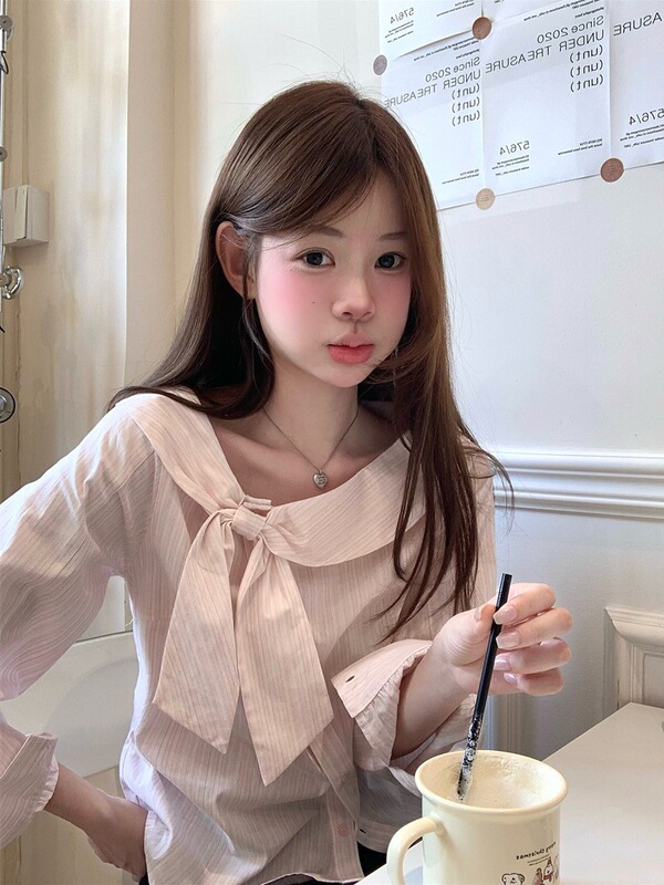 Wholesale Sweet and Cute Girly Style Light Cherry Blossom Pink Striped Long-Sleeved Plaid Tie-Up Shirt Top for Women