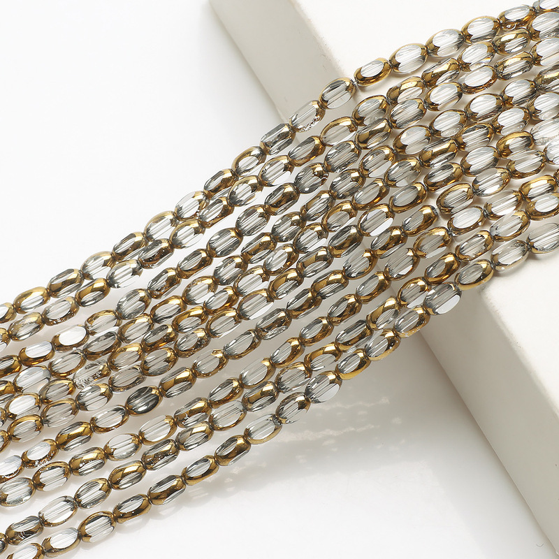 クリスタルガラス散珠4x6mm金縁メッキ艶消し米珠4面楕円オリーブ珠DIY飾り|undefined