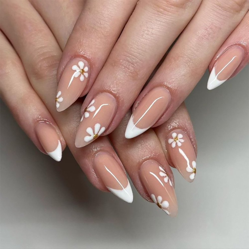 Tabletas de uñas francesas de borde blanco intermitente Tabletas de uñas de uso en forma de gota de comercio exterior Tabletas de uñas de uso de flores frescas Sensación avanzada