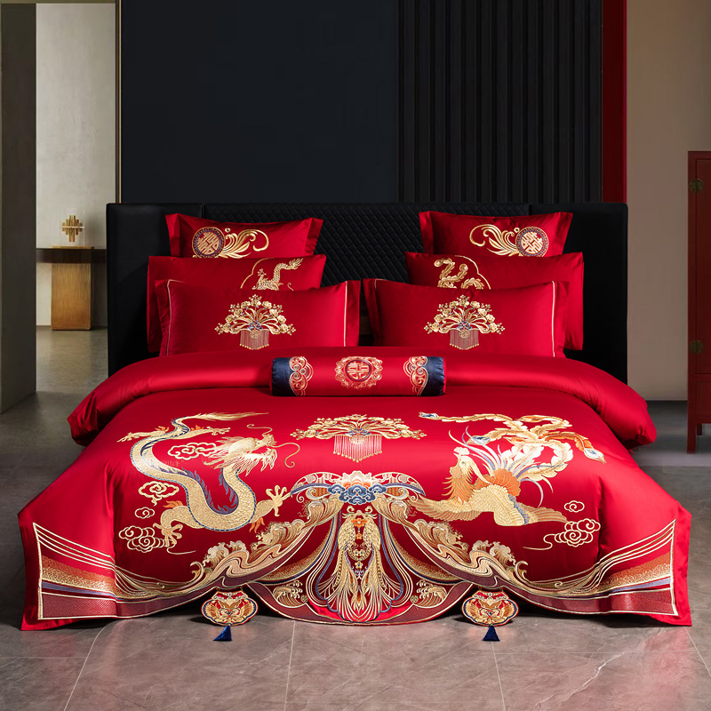 Chinese style High-end Cotton 100S Wedding celebration Four piece suit wedding pure cotton sheet Quilt cover bright red marry The bed Supplies