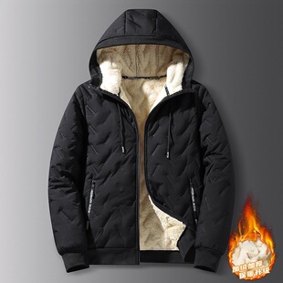 Fleece-Lined Cotton Jacket for Young Men, Loose Fit, Ultra-Thin Cotton Coat with Hood, Wholesale Lamb Fleece Outerwear, Men's Warm Winter Large Size