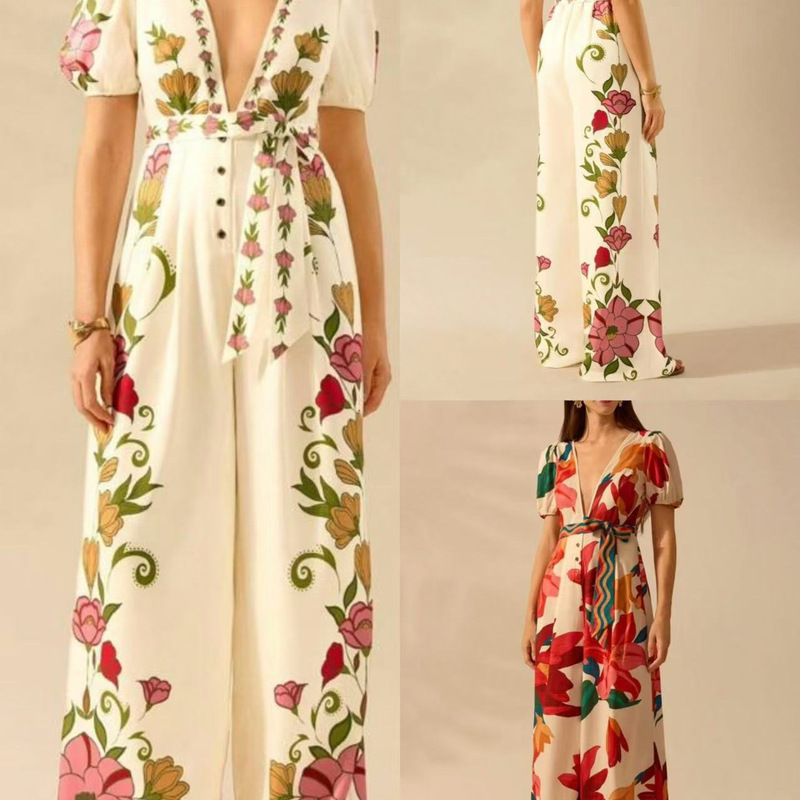 Foreign Trade Cross-border 2025 Summer New European and American Women's Deep V-neck Printed Fashion Sexy Wide Leg Pants Foreign Trade Cross-border 2025 Summer New European and American Women's Deep V-neck Printed Fashion Sexy Wide Leg Pants