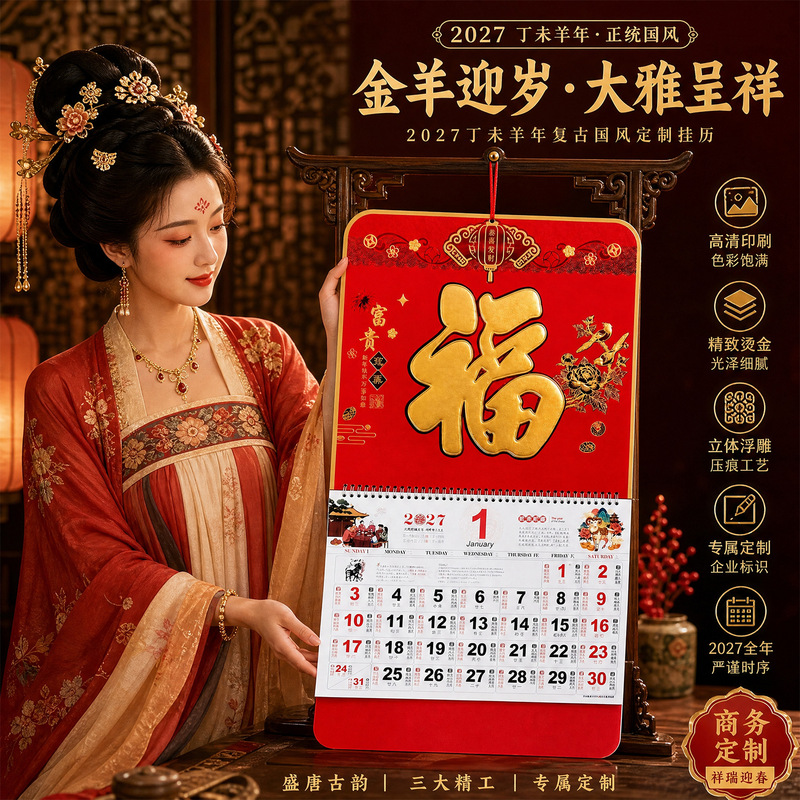 Custom 2027 Year of the Sheep New Year Calendar with Gold Foil "Fu" Characters, Promotional Advertising for Businesses, Creative Design, Custom Logo Custom 2027 Year of the Sheep New Year Calendar with Gold Foil "Fu" Characters, Promotional Advertising for Businesses, Creative Design, Custom Logo