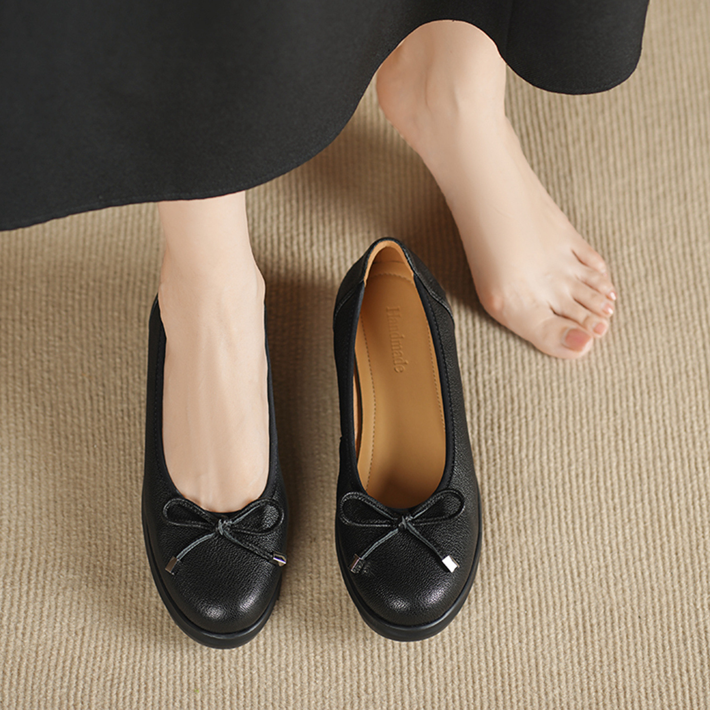 Giày lười nữ đế dày 4,5 cm mũi vuông da cừu mùa thu đông — đen