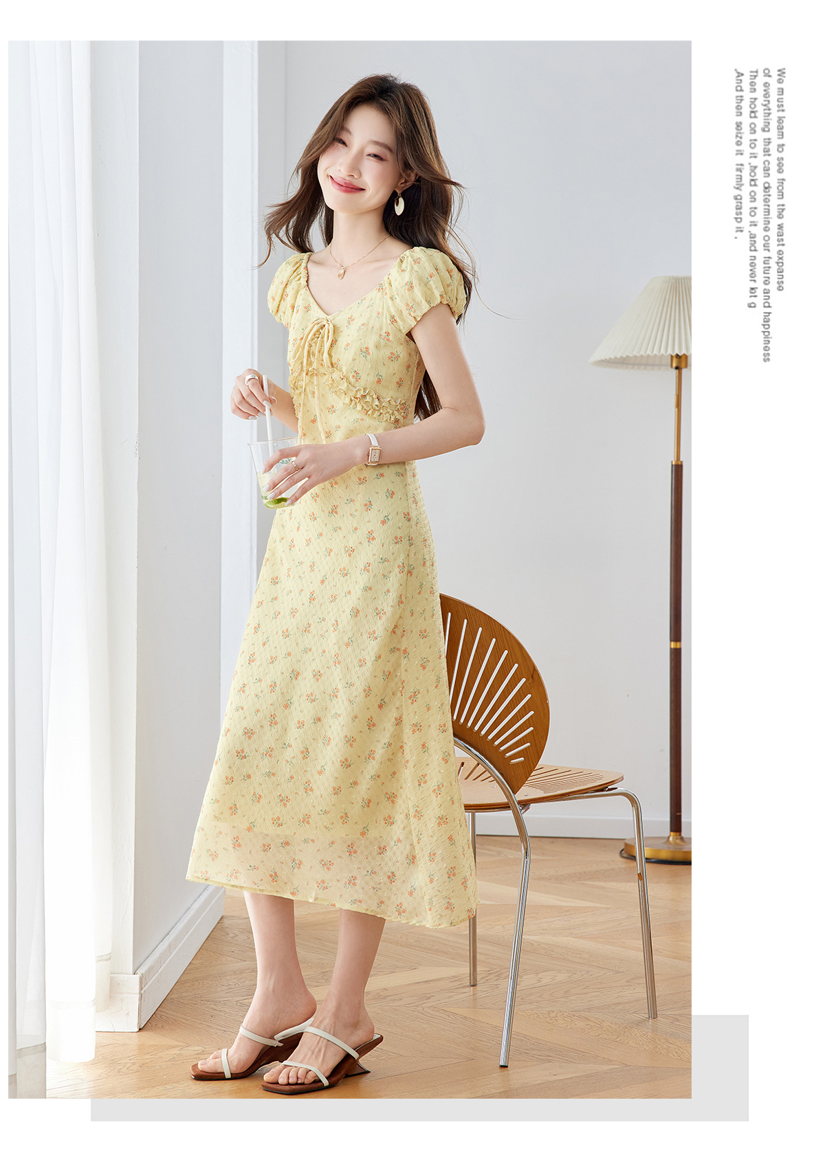 Đầm maxi nữ thắt eo cổ V họa tiết hoa nhí phong cách Pháp — màu vàng, màu đỏ chi tiết 16