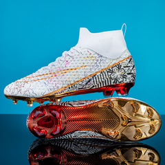 跨境批發高幫足球鞋男童新款學生長釘碎釘鍍金電鍍底比賽訓練鞋