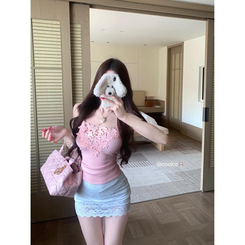 Lace Patchwork Sexy Knitted Camisole for Women, Summer Slim-Fit Outerwear, Spicy Girl Style Short Top, Trendy Inner Wear