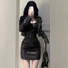 辣妹短款黑色皮衣套装女2025秋美拉德高级感PU皮夹克连衣裙两件套
