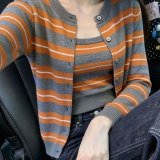 时尚休闲女装秋季新款中老年大码女装套装时尚条纹针织开衫
