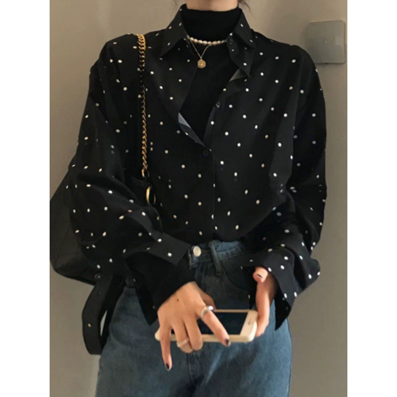 เสื้อเชิ้ตรัดทอนแขนยาว oversize สำหรับผู้หญิง สไตล์เกาหลีย้อนยุคลายจุดลำลอง