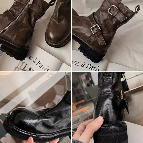 Grape mom's same style popular popular washed shrink horse leather round toe thick bottom thin short boots for women Knight boots autumn and winter