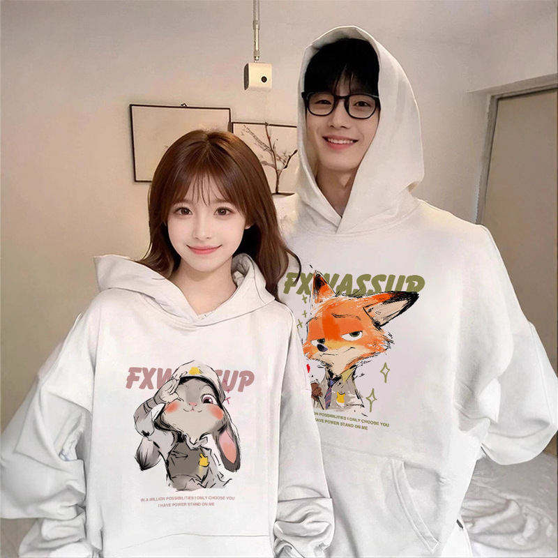 Different Couple Outfits for Autumn and Winter New American Style Fox and Rabbit Print Loose Velvet Hooded Sweatshirt Two-Piece Set Different Couple Outfits for Autumn and Winter New American Style Fox and Rabbit Print Loose Velvet Hooded Sweatshirt Two-Piece Set