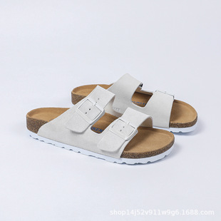 Pure Original Genuine Leather Cork Slippers for Men and Women, Double-Breasted Two-Word Slippers, Birkenstock Shoes, Thick-Soled Outer Sandals