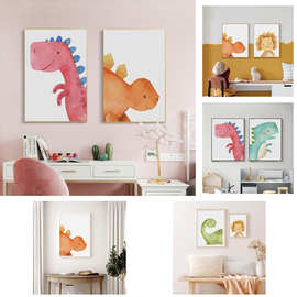 北欧卡通水彩恐龙动物萌宠儿童房幼儿园海报帆布装饰画图片画芯