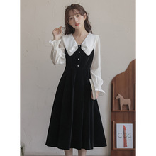 一件代发2023秋季新款法式小众复古显瘦小黑裙气质中长裙ME1200