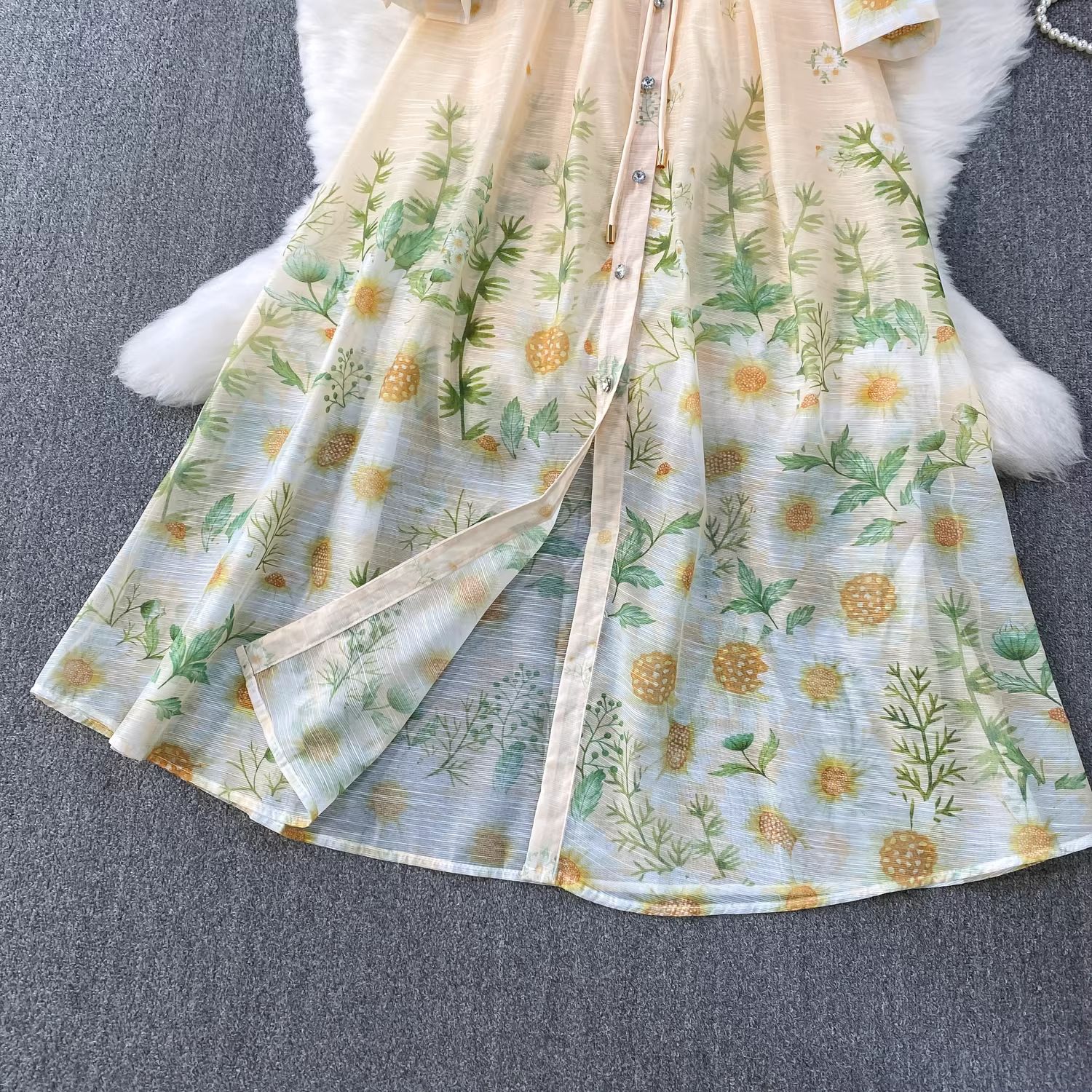 Women's Retro Print V-Neck Dress Lantern Sleeve Single-Breasted Tie Waist Elegant Long Dress For Spring/Autumn Casual Chic_ecoleips.com