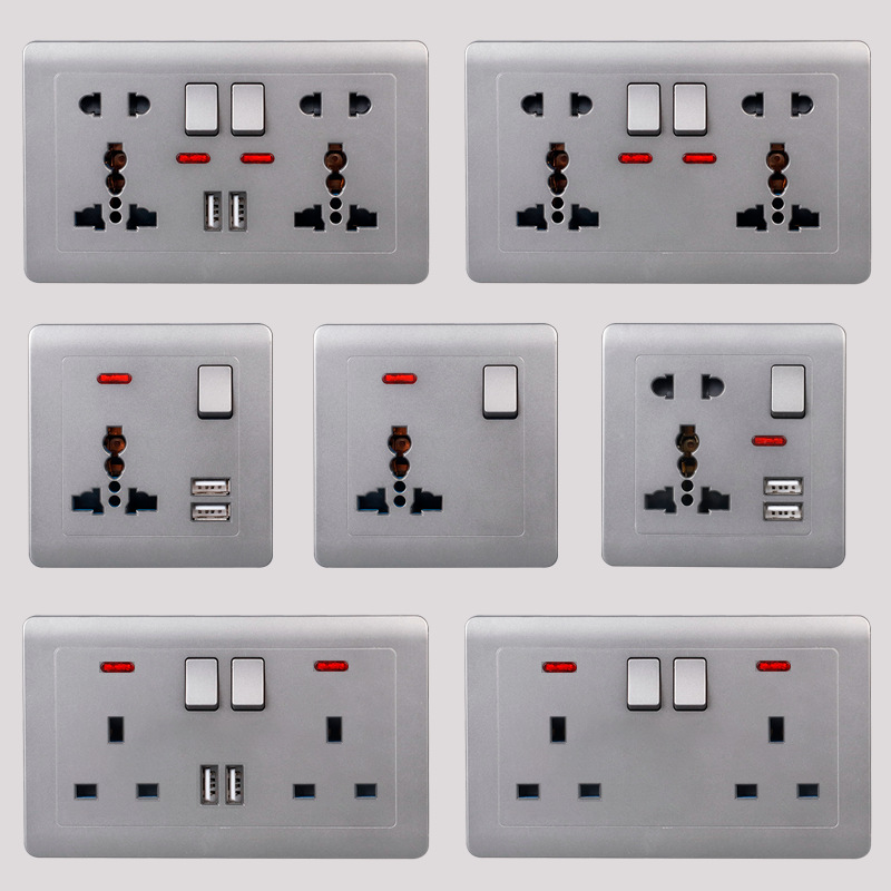 英标插座面板灰色146万能10孔带开关双usb墙壁插座跨境直供