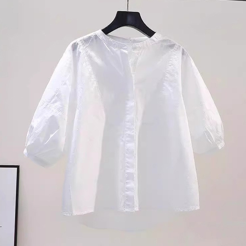 ブルーシャツ半袖Tシャツレディース2025新作半袖夏小パフスリーブお腹カバー七分袖トップス|undefined