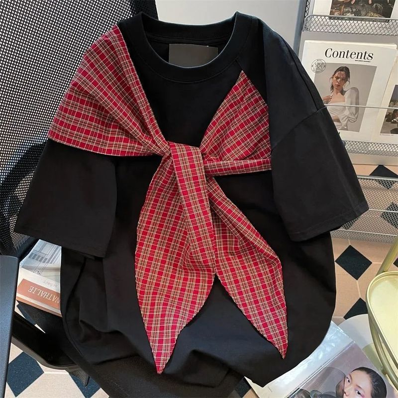グレーリボンチェック柄ストラップスプライシング半袖Tシャツ女性用2025夏カレッジスタイルデザイン半袖トップ|undefined