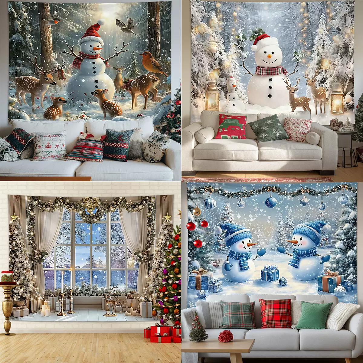 圣诞背景布可爱雪人麋鹿窗外雪景圣诞树圣诞活动背景墙布圣诞挂毯