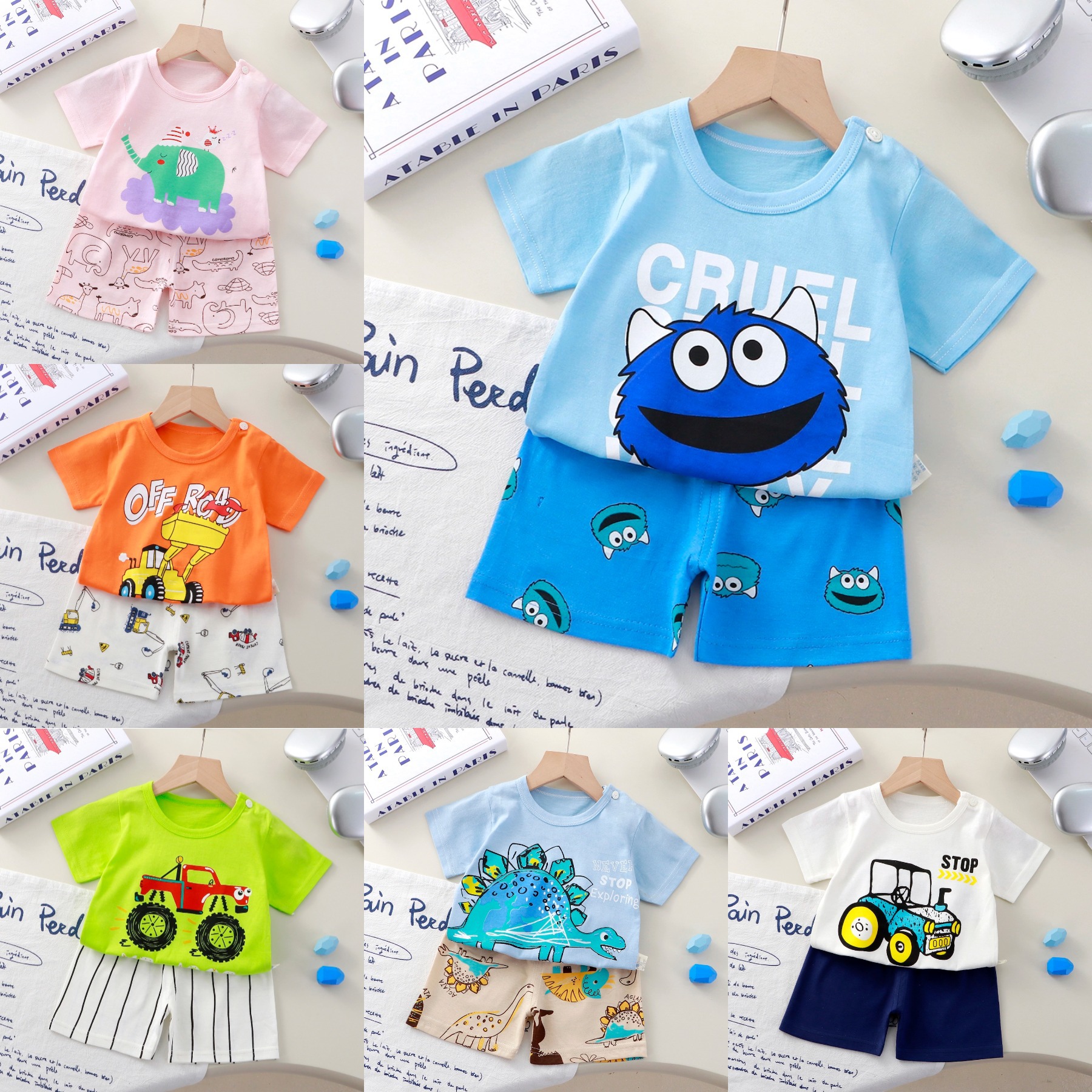 New Children's Short-sleeved suit Boys Cotton Summer Shorts Two Foreign Trade Girls T-shirt Clothing Children's Clothing