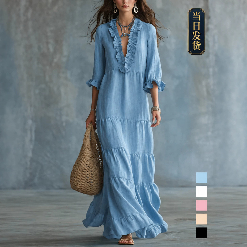 European and American Cross-Border Amazon Tk Women's Bohemian V-Neck Layered Casual Flowing Long Ruffle Dress European and American Cross-Border Amazon Tk Women's Bohemian V-Neck Layered Casual Flowing Long Ruffle Dress