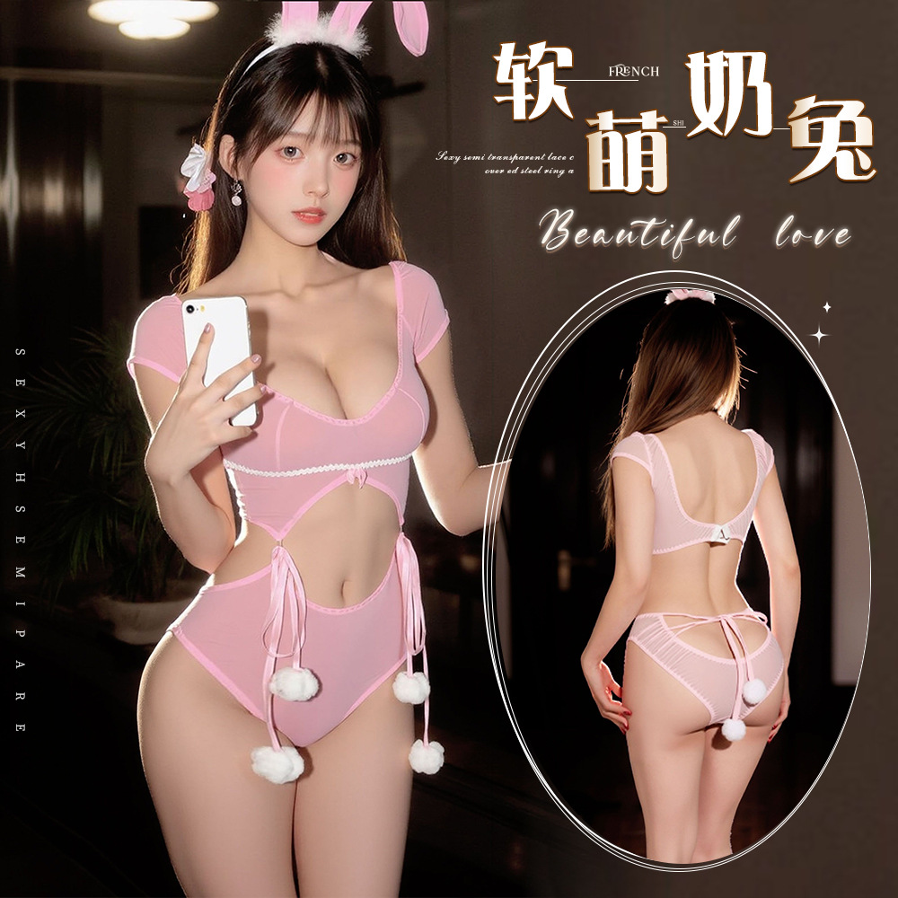 야간 청취 향기로운 섹시한 순수한 욕망 점프 슈트 귀여운 토끼 소녀 유니폼 Bowknot Furball 뜨거운 소녀 잠옷 여성용 가정 의류