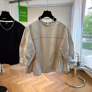 2024 Summer Pleated Round Neck Shirt Top Short Sleeve Loose Casual Pullover Cotton Babydoll Shirt