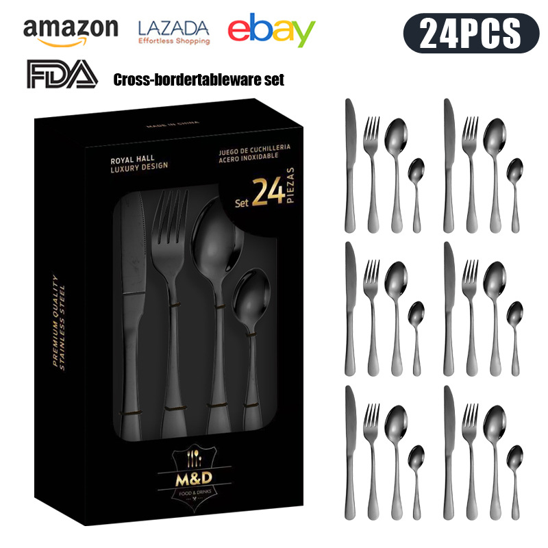 Venta caliente transfronteriza cuchillo de acero inoxidable, tenedor y cuchara traje de vajilla Caja de regalo de 24 piezas 1010 comida occidental cuchillo y tenedor de cuchara chapados en oro