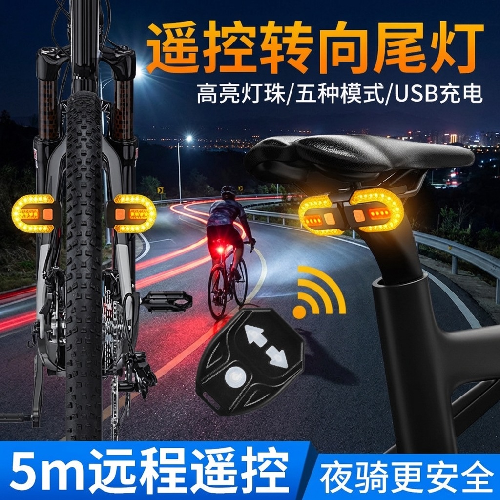 Bicycle USB charging wireless remote control steering taillight detachable mountain bike night riding warning light riding equipment