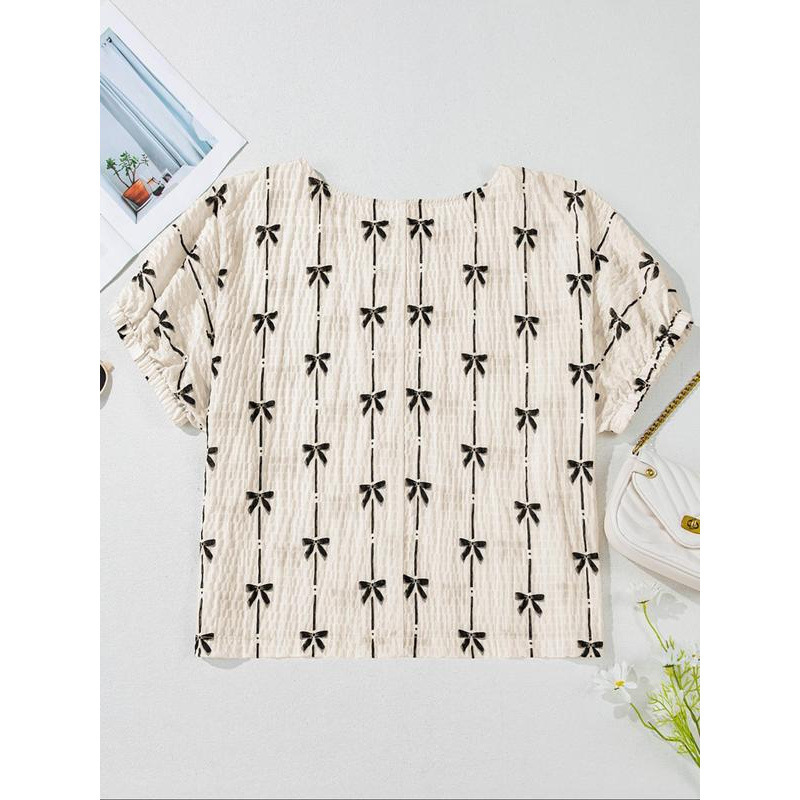 2026秋冬跨境外贸新款女式蝴蝶结印花短袖衬衫休闲圆领上衣