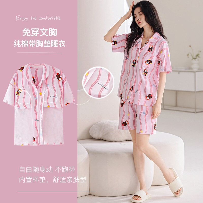 Pajamas for Women Summer with Breast Pads Pure Cotton Short-Sleeved Shorts Set Cute Cartoon Cardigan Plus Size Loose Home Clothes