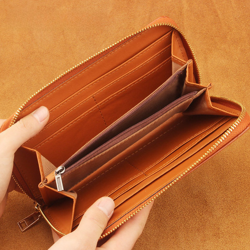 Cross-border exclusive waxed cowhide women's wallet genuine leather long zipper men's money clip Amazon Japan