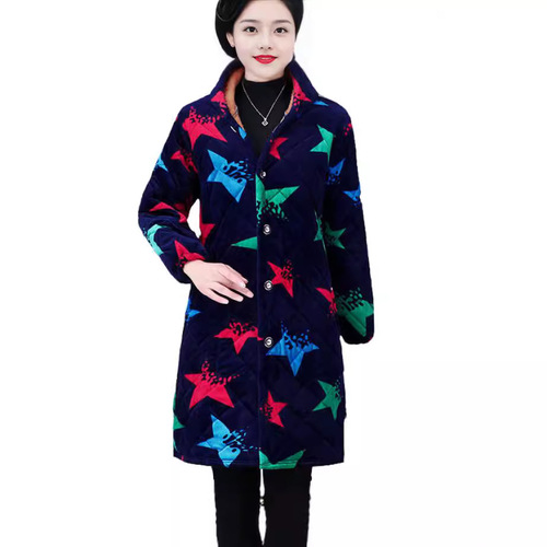 03 Women's Middle-Aged Winter Cotton Coat Overcoat Mother's Warm Cotton Padded Jacket with Fleece and Thick Hooded Cotton Quilted Workwear