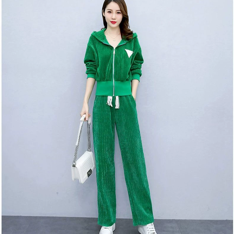 Дропшиппинг, высококачественный широкий брючный костюм для женщин на осень и зиму, новый модный повседневный кардиган на молнии с капюшоном, модный комплект из двух предметов