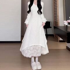 蕾丝白色长袖子女2025连衣裙秋冬季新款法式拼接长裙小白厚款抖音