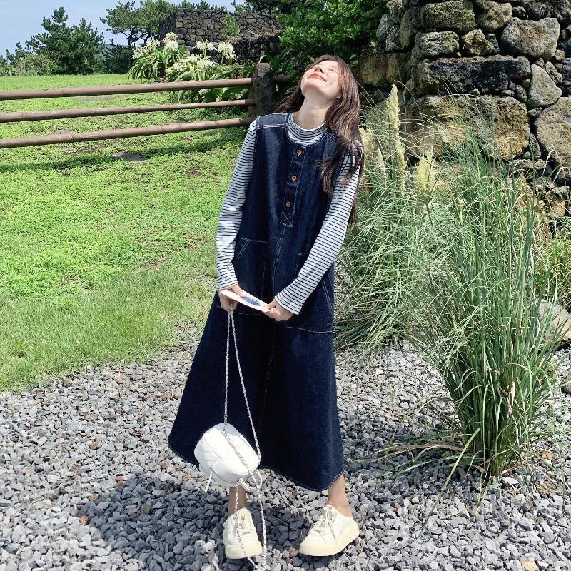 Unmun Korean Retro Denim Vest Dress Suit Women's 2025 Autum New Stripesd Top Slim Dress