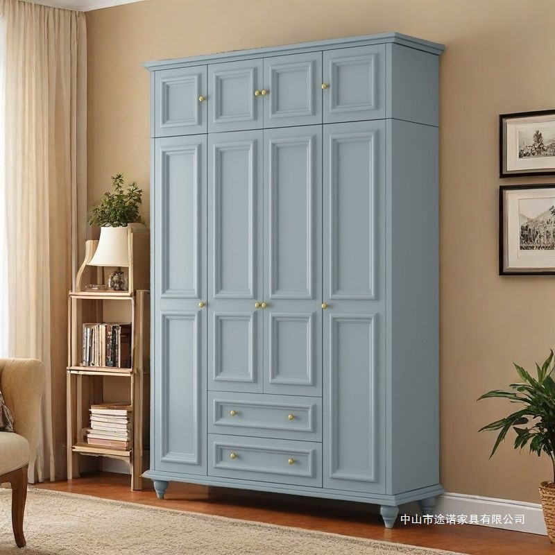 American Country Style Large Wardrobe Solid Color Simple Solid Wood Wardrobe with Top Cabinet Home Bedroom Small Cabinet with Drawers Supply