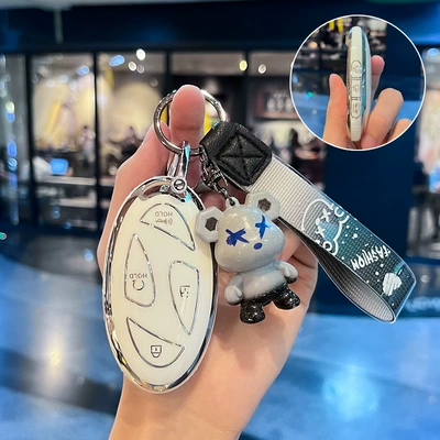 Car key bag — modern Hyundai key case - modern-o-model-smart-7-button-single-shell-white-gray-violent-bear-pendant
