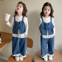 新款春季女童蓝色牛仔背带裤可爱蕾丝边洋气百搭春秋装