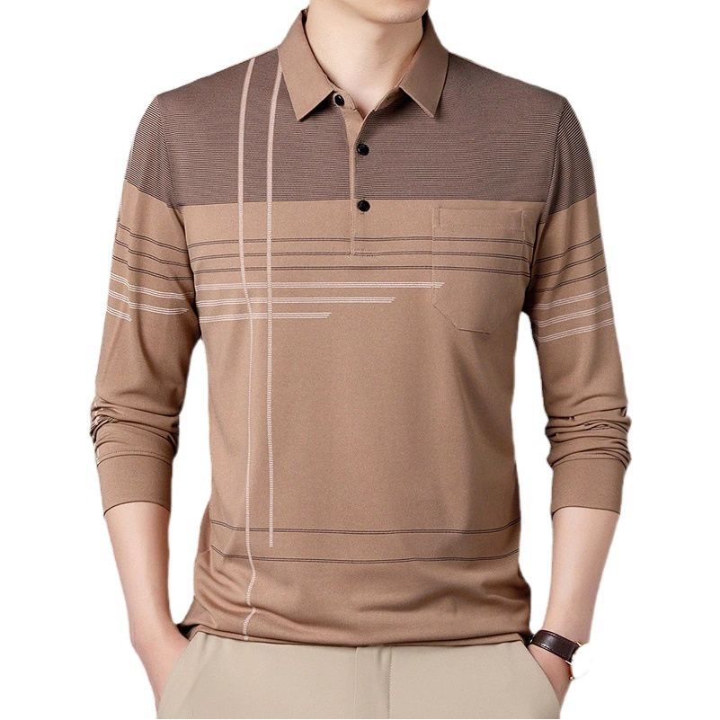 Новинка весны и осени, мужская рубашка-поло среднего возраста с лацканами и длинными рукавами, повседневный мужской топ в полоску, модный топ с натуральным карманом, 2023