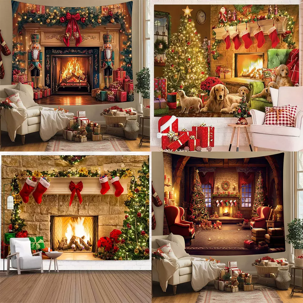 2024新款外贸圣诞节壁炉挂毯亚马逊会场布置复古圣诞老人背景布墙