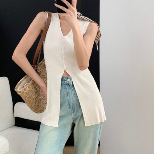 French V-neck sleeveless ice silk knitted women's mid-length 2025 summer knitted open jacket vest thin