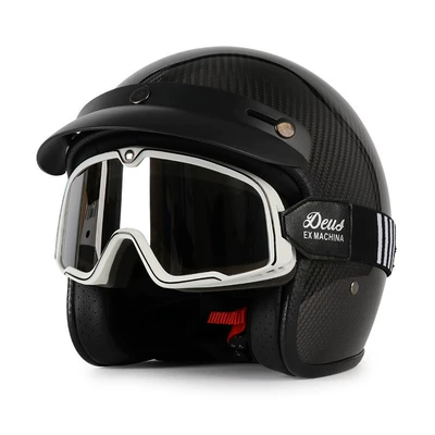 Motosiklet dəbilqələri – Universal Safety Helmet for Men - m-3k-carbon-fiber-glossy-black-black-and-white-striped-goggles-free-hat-brim-face-towel