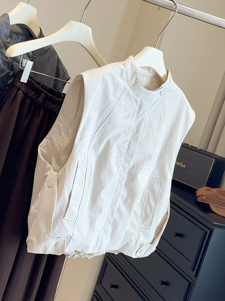 Áo gile nữ không tay dáng rộng gấu bo chun phong cách retro, dài áo 50–65 cm — Màu be, màu xám