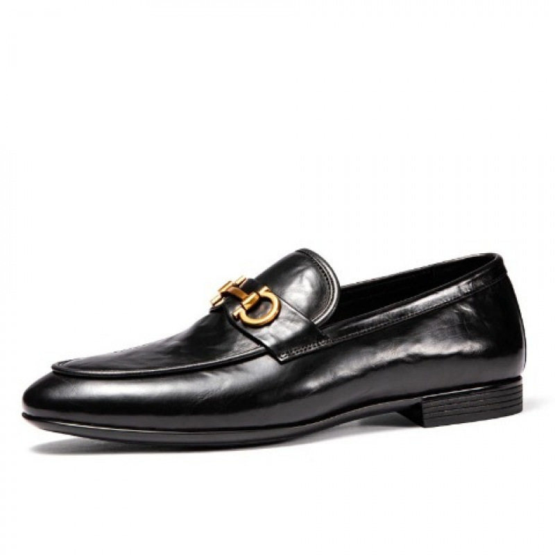 Giày lười nam da lộn mũi nhọn gót thấp, giày da nam slip-on đa năng — khóa vàng đen