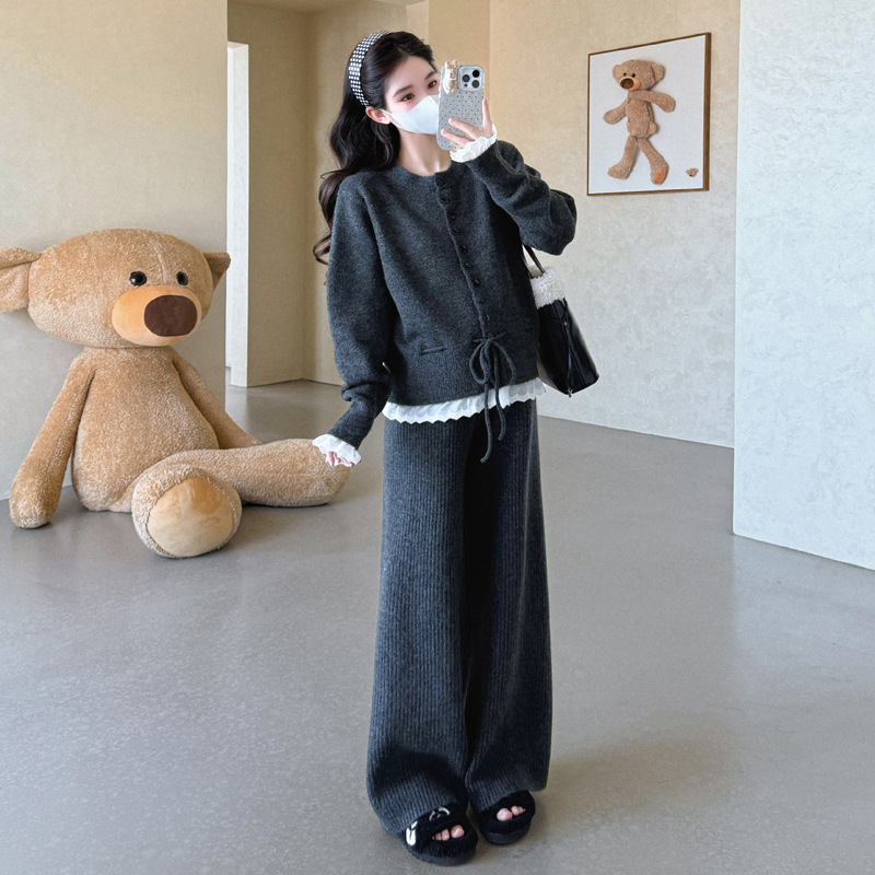 2025新品孕妇套装花边拼接系带设计阔腿裤针织毛衣宽松孕妇套装|undefined
