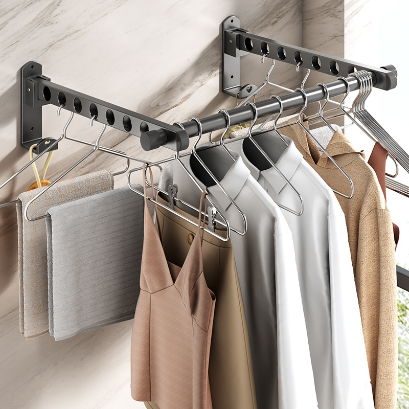 Balcony Folding Clothes Drying Rack Indoor Dormitory Wall-Mounted Punch-Free Bathroom Drying Rod Bathroom Storage Clothes Hanger